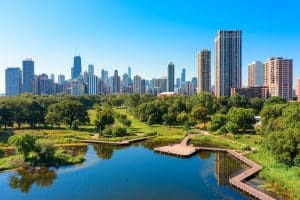 Aerial view of the Chicago skyline on a bright sunny day shot from a nearby park