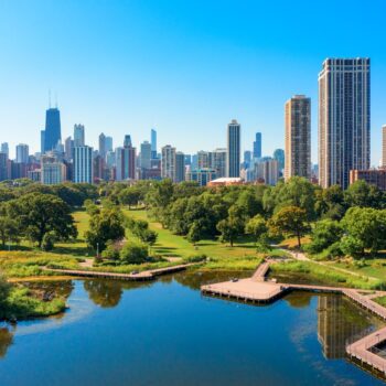 Aerial view of the Chicago skyline on a bright sunny day shot from a nearby park