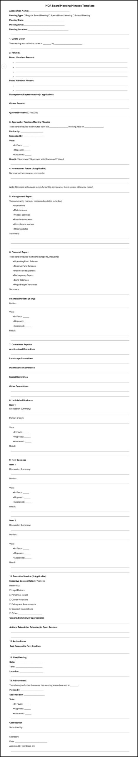 hoa meeting minutes template