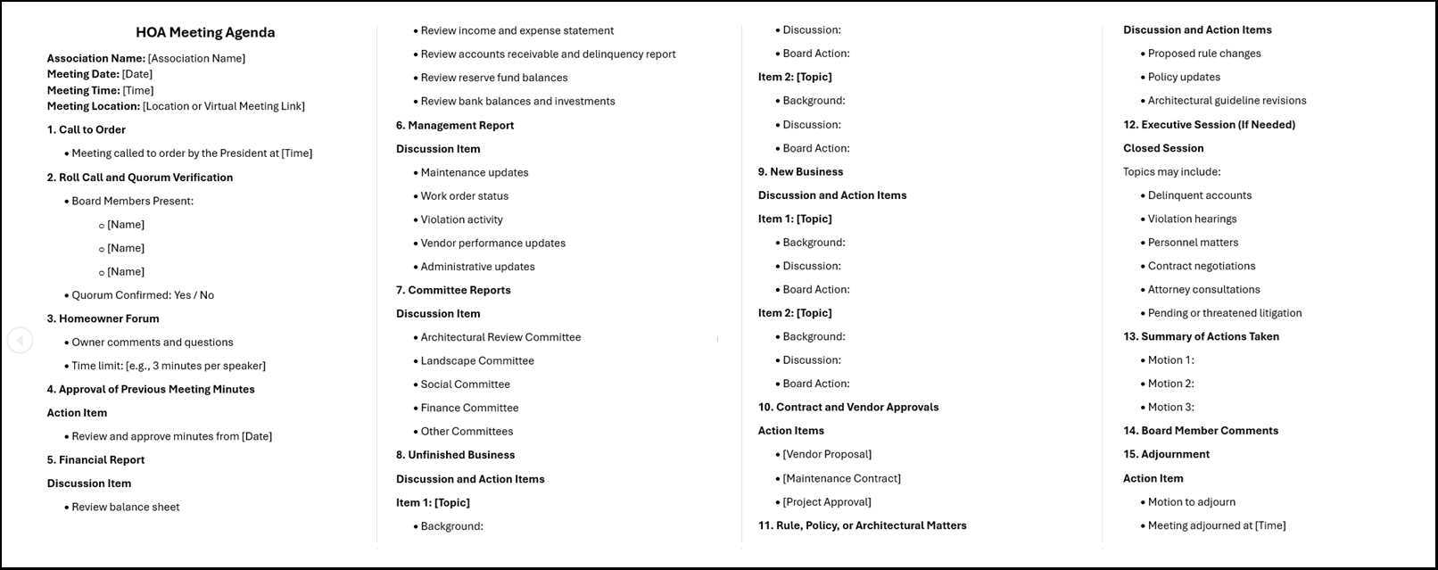 hoa meeting agenda template