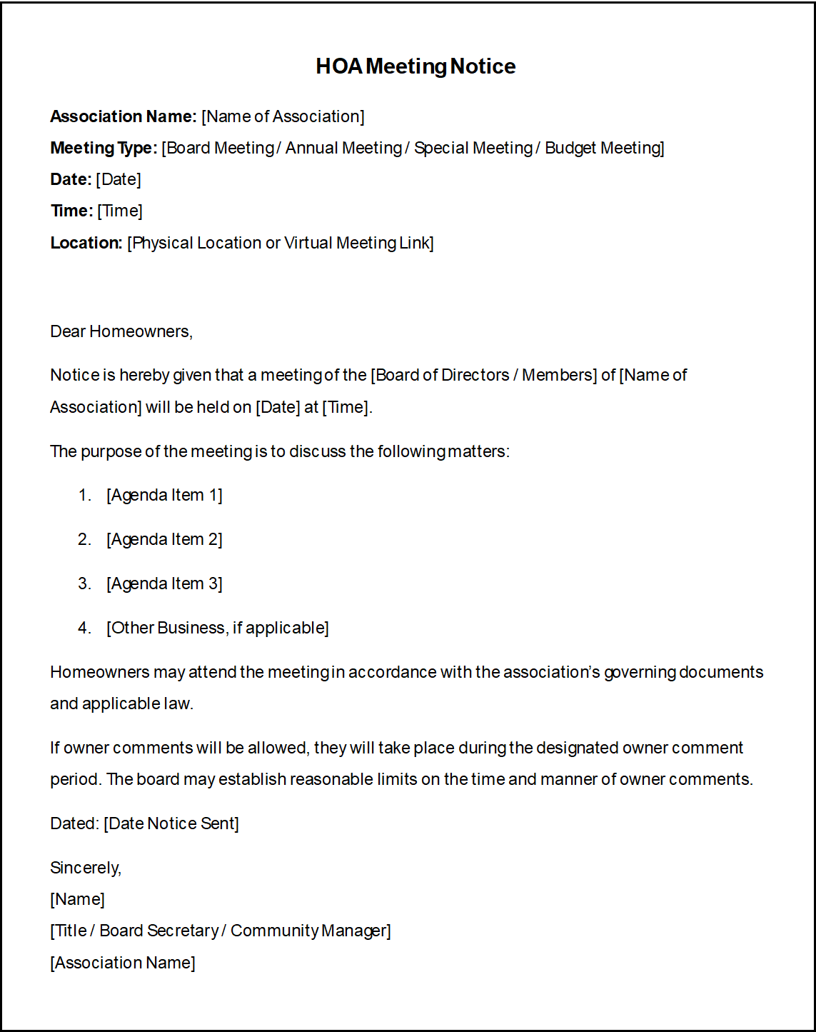 hoa meeting notice template