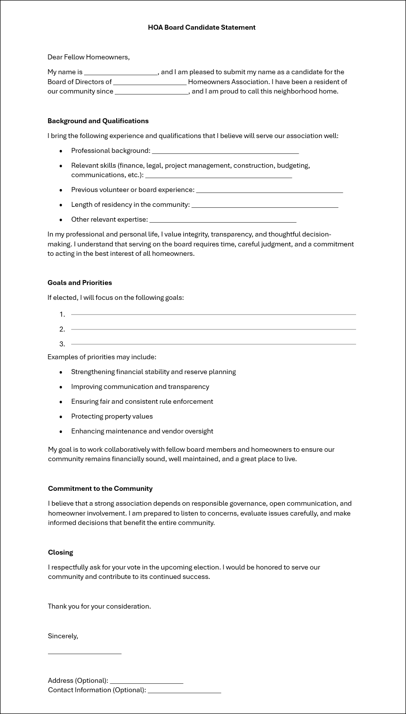 sample HOA candidate statement