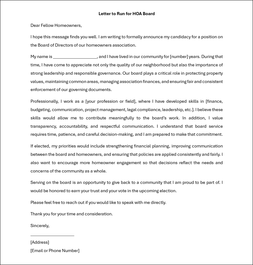 sample letter to run for hoa board